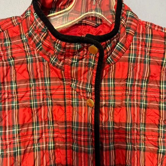 Talbots Red Plaid Quilted Jacket Black Trim Preppy Women’s medium - Picture 6 of 15